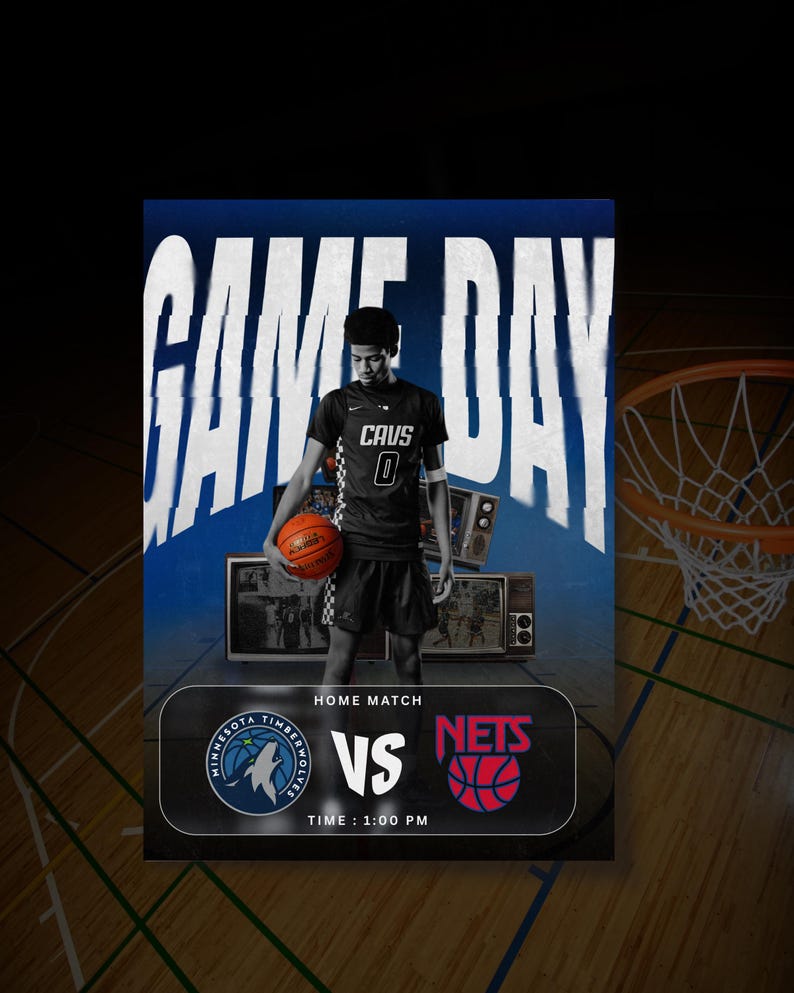 May include: A basketball game day promotional graphic featuring a player in a black jersey holding a basketball. The graphic includes the text "GAME DAY" and logos for the Minnesota Timberwolves and the Nets, with the time 1:00 PM.