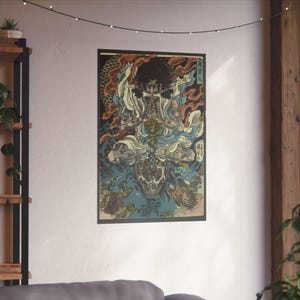 Woodblock print Kidomaru mat verticale poster, Tengu Magic Learning, kleurrijke Japanse kunst, kunst aan de muur decor, uniek cadeau