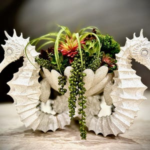 Seahorse Succulent Arrangement – Ceramic Coastal Centerpiece with Nautical Ocean Decor, Beach House Gift, Handmade Succulent Design