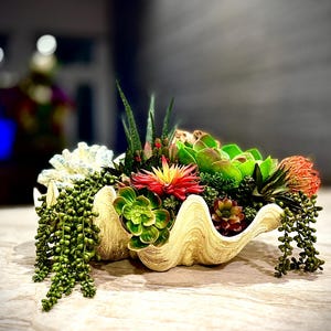 Faux Succulent Arrangement in Shell Bowl: Coastal Table Centerpiece