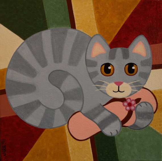 Grey TABBY CAT and Flip Flop Folk Art PRINT from Painting by Etsy