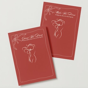 May include: Two red cards with white line drawings of a woman and text. One card reads "Guess the Dress" and "What will the bride wear on the big day." The other card reads "Make the Dress" and "Design the dress for the big skin."