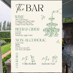 Ponadczasowy szablon menu baru weselnego „Old Money”, napoje i podpisy dla niego/jej koktajle, znak menu wydarzenia Canva, natychmiastowe pobranie