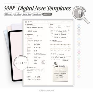 Könnte beinhalten: Digitale Notizvorlagen mit 50 Layouts und 20 Farben. Das Bild zeigt ein Tablet mit einem geöffneten digitalen Notizbuch, das handschriftliche Notizen anzeigt. Der Text enthält "999+ Digital Note Templates", "Letter Size" und "Hyperlinked + FREEBIES".