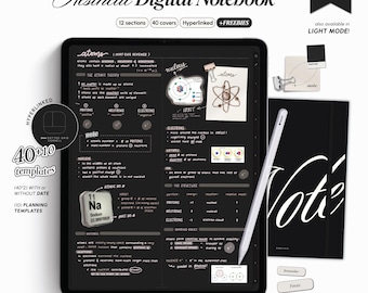 DARK MODE Digital Notebook | 50 Templates | Hyperlinked Sections | GoodNotes Notability | Minimal Student iPad Note Templates Android