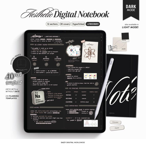 DARK MODE Digital Notebook | 50 Templates | Hyperlinked Sections | GoodNotes Notability | Minimal Student iPad Note Templates Android