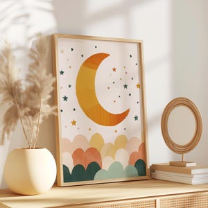 Crescent Moon Nursery Wall Art | Boho Night Sky Print | Whimsical Kids Room Decor with Stars and Clouds