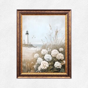 Neutral Coastal Lighthouse Art Print | Soft Beach Hydrangeas Painting | Vintage Seaside Landscape Wall Decor | Minimalist Ocean Printable