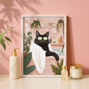 Arte de pared de baño de gato negro imprimible / Decoración de baño rosa descarga digital