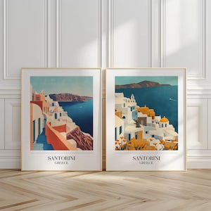 Conjunto de 2 pósteres vintage de Santorini: arte retro de una isla griega con tejados blancos y mar azul.