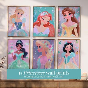Pode incluir: Conjunto de 15 impressões de arte de parede imprimíveis com diferentes princesas da Disney. Cada impressão apresenta uma princesa com um vestido colorido em um fundo caprichoso. As impressões são de alta resolução e perfeitas para adicionar um toque de magia a qualquer cômodo.