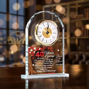 May include: A clear glass clock with a gold-rimmed face, Roman numerals, and black hands. The clock sits atop a clear glass base with a printed design celebrating a 40th wedding anniversary. The design includes text and a tree.