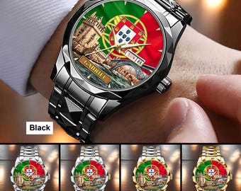 Benutzerdefinierte Portugal Flagge Uhr, personalisierte Name Armbanduhr, Lissabon Porto Wahrzeichen Design, Geschenk für ihn, Portugal Liebhaber Geschenk