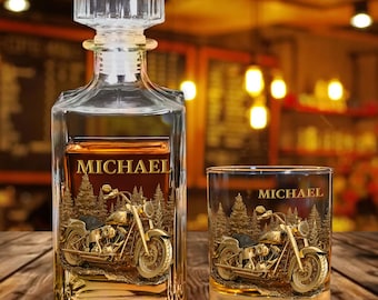 Benutzerdefinierte Motorrad Whisky Dekanter und Glas Set, personalisierte Biker Barware Geschenk für Papa Ehemann Reiter, Rider Bar Decor