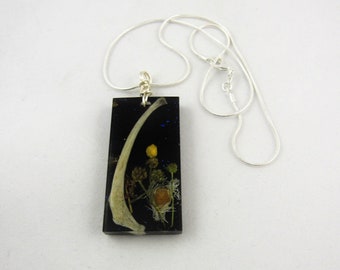 Dried Wild Flowers and Bone Sterling Silver Necklace