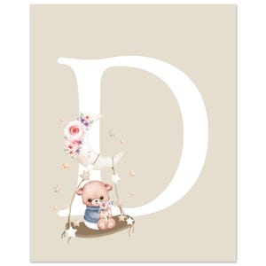Póster con letras neutras para bebé niño, diseño de osito de peluche con inicial, decoración de pared para habitación de bebé recién nacido