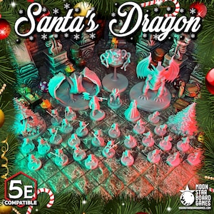 May include: A collection of 3D-printed miniatures for tabletop gaming, including dragons, figures, and terrain pieces. The set is in shades of red, blue, and gray, with the text "Santa's Dragon" at the top. The set is 5E compatible.