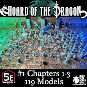 May include: A tabletop gaming set featuring 119 miniature models, including a dragon and various figures in blue and grey. The models are arranged on a textured surface. The image includes text that reads "Hoard of the Dragon" and "#1 Chapters 1-3".
