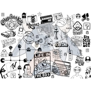 Może przedstawiać: Czarno-biały projekt graficzny z ikonami i tekstem z lat 80. i 90., w tym "Cabbage Patch Kids", "Back to the Future", "Blockbuster Video", "E.T.", "Barbie" i "Life in the 80s".