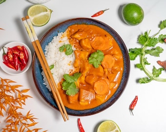 Thailändsk röd curry med kyckling och ris – Hemgjord thailändsk matlagningskit med ris och krämig sås