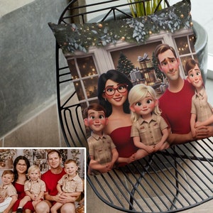 Pix-art familieportretkussen, verander jezelf in cartoon, cartoonfoto van foto, gezellig huisdecor, aangepast cartoonportret, leuke cadeaus