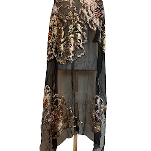 Vintage French Burnout Velvet Floral Shawl | Czarny i złoty szalik z mieszanki jedwabiu | 40&quot; kwadrat