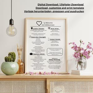 Szablony znaków powitalnych dla Airbnb i Booking na wynajem wakacyjny w języku angielskim i niemieckim, znak WiFi, wymeldowanie, Word, Powerpoint, Canva