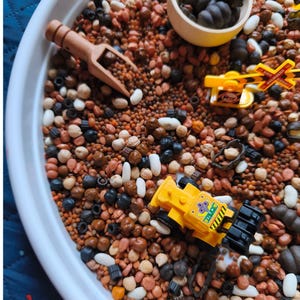 Può includere: Un vassoio bianco pieno di una varietà di fagioli, lenticchie e altri piccoli oggetti. Un veicolo da costruzione giocattolo giallo è parzialmente immerso nei fagioli. Una paletta di legno e una piccola ciotola con oggetti neri sono anche nel vassoio.