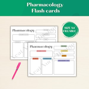 Cute Pharmacology FlashCards | Fillable PDF Nursing Student Flash Cards | Cute Note Templates