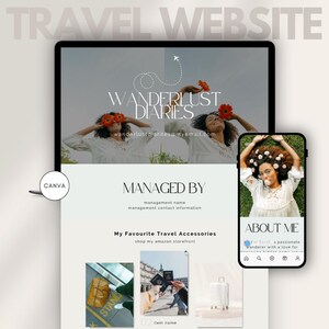 Könnte beinhalten: Ein Website-Mockup für einen Reiseblog namens "Wanderlust Diaries". Die Website zeigt ein Foto einer Frau mit Blumen im Haar, einen Abschnitt über den Blogger und einen Abschnitt über ihre Lieblings-Reiseaccessoires.