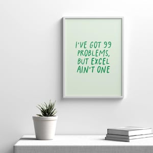 May include: A framed print with the text "I'VE GOT 99 PROBLEMS, BUT EXCEL AIN'T ONE" in green lettering. The print is displayed on a white wall above a white table. A small potted plant and two books are also on the table.