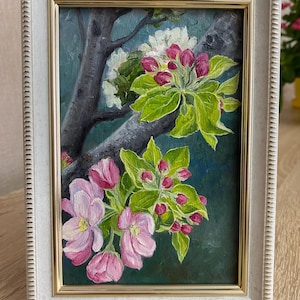 Appelbloesem schilderij op hout – klein origineel olieverfschilderij – lente bloemen muurkunst – natuurbotanisch kunstwerk