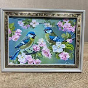Olieverfschilderij van vogels op een tak – handgemaakte kunstwerken, schilderij met tieten, lentedecor, cadeau-idee, huiskunst.