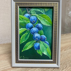 Origineel olieverfschilderij van bosbessen op hout - kleine botanische kunst, realistisch fruitschilderij, keukendecor, handgemaakt cadeau