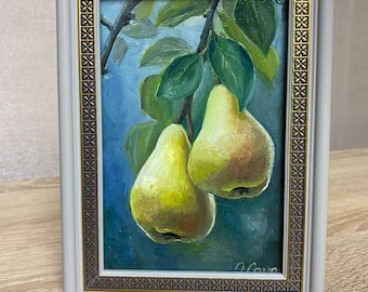 Pintura a óleo original de pera - Arte rústica de natureza morta para cozinha