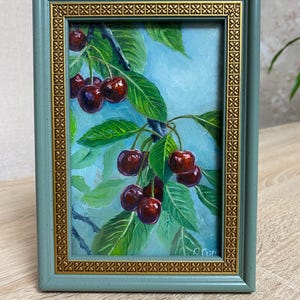 Olieverfschilderij van kersen, klein kunstwerk van 10 x 15, fruitstilleven, originele kunst, cadeau keukendecor, tuinkersen