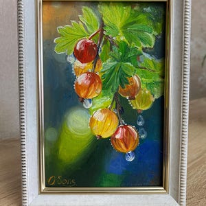 Kruisbes schilderij origineel olieverfminiatuur – klein fruit kunst op houten paneel – zomerbessen muurdecoratie – 10 x 15 cm handgeschilderd cadeau