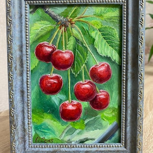 Kersenolieverfschilderij op hout - realistisch kunstwerk rode kersen - kleine originele stillevenkunst - muurdecoratie keuken - cadeau voor fruitliefhebbers