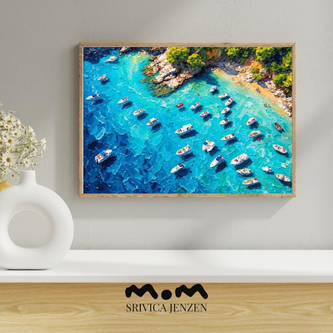 Turquoise Mediterranean Cove Printable Wall Art – Boats in Crystal Blue ...