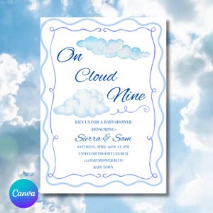 Editable On Cloud Nine Baby Shower Invitation, Blue On Cloud Nine Invitation, Digital Invitation , Canva editable template