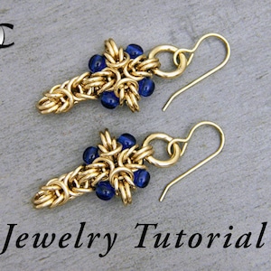 May include: Gold earrings with a blue bead design. The earrings are made with a chainmail pattern and have a simple hook closure. Jewelry Tutorial.