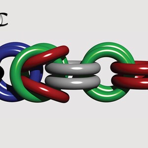 Puede incluir: Una cadena hecha de anillos entrelazados en varios colores, incluyendo azul, verde, rojo y gris. Los anillos est&aacute;n conectados en un patr&oacute;n complejo, creando un dise&ntilde;o visualmente interesante.