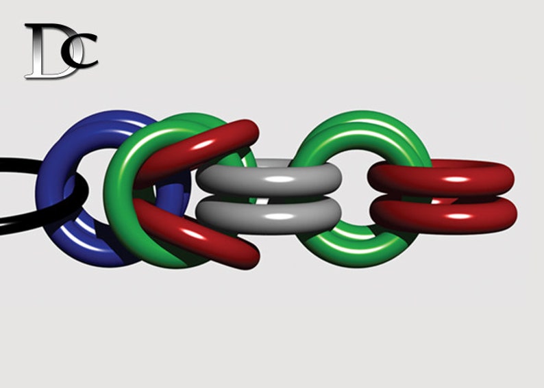 Puede incluir: Una cadena hecha de anillos entrelazados en varios colores, incluyendo azul, verde, rojo y gris. Los anillos est&aacute;n conectados en un patr&oacute;n complejo, creando un dise&ntilde;o visualmente interesante.