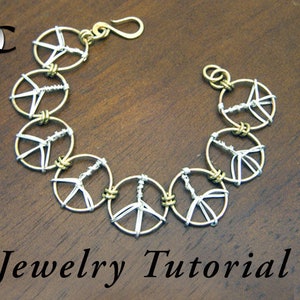 May include: A silver and gold wire bracelet with peace sign charms. The bracelet is made of wire and has a clasp closure. Jewelry Tutorial.