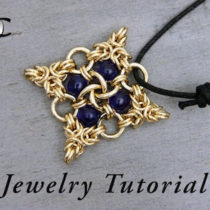 May include: A gold-colored pendant necklace with a star-like design, featuring dark blue beads at the center of each point. The necklace is on a black cord. The text "Jewelry Tutorial" is at the bottom.