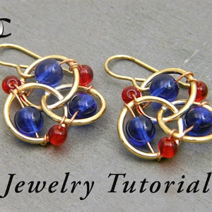 May include: Gold wire earrings with blue and red glass beads. The earrings are in the shape of a knot. Jewelry Tutorial.