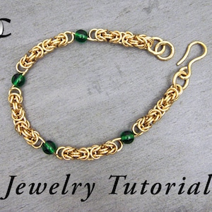 May include: Gold chain bracelet with green beads. Jewelry tutorial.