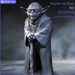 May include: A 3D-rendered model of Yoda, a character from Star Wars, in a gray robe, holding a staff. The image includes the text "Digital stl files for 3d printer" and the logo "Stl By Crea".