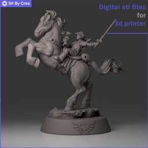 Può includere: Un modello stampato in 3D di un personaggio a cavallo. Il personaggio tiene una spada e il cavallo si impenna. Il modello è su una base con un simbolo. File STL digitali per stampante 3D.