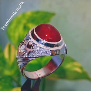 Handmade Sterling Silver 925 Anari Ruby Ring: Natural Yaqoot Shia Jewelry, Moon & Star Design